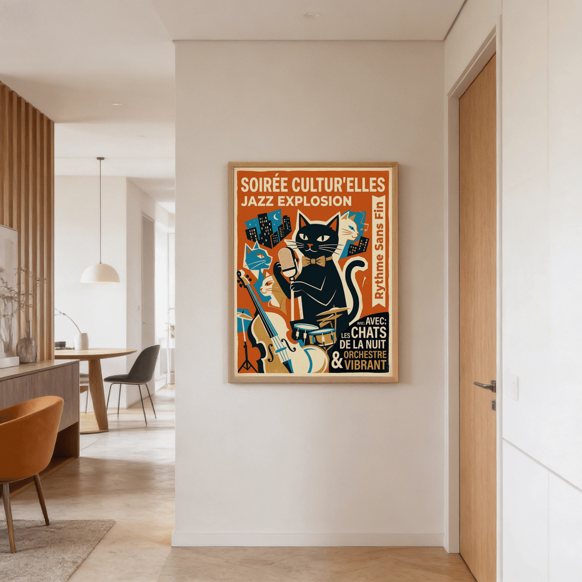 Vintage Jazz Poster framed print of a black cat with microphone in warm red and blue colours in a hallway