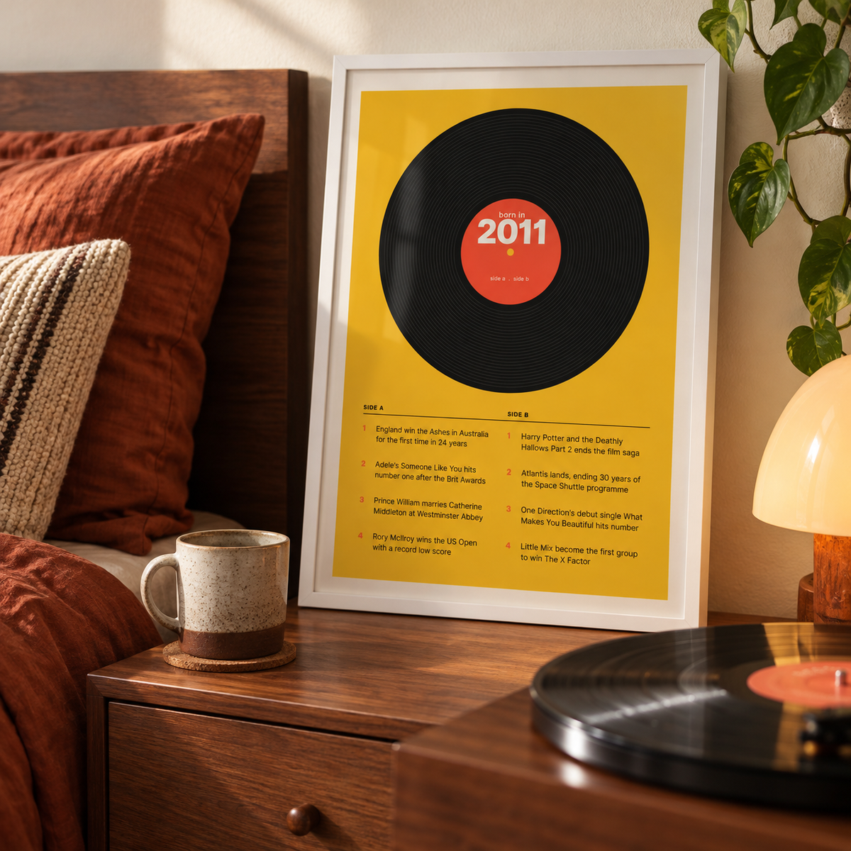 2011 print styled as a vinyl record on mustard above simple furniture at home