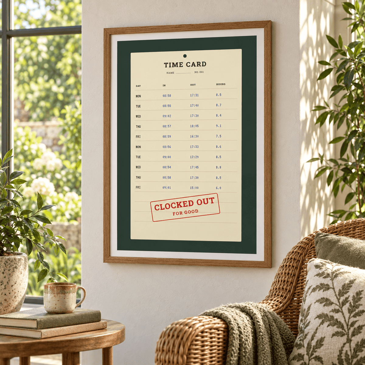 Clocked out time card print in a garden room filled with green plants