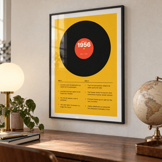 1956 print styled as a vinyl record on mustard above simple furniture at home