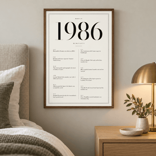 1986 year print in black numerals on white above simple furniture at home