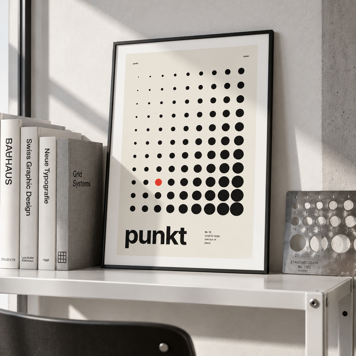 Halftone dot grid print leaning on a picture ledge