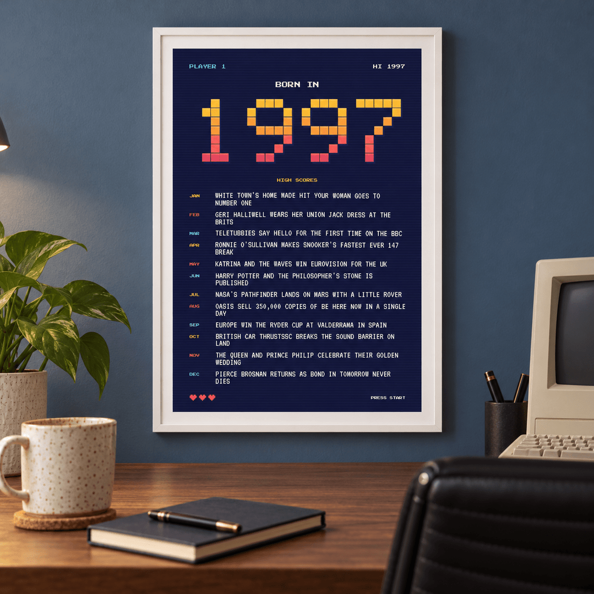 1997 pixel art print in arcade sunset colours above simple furniture at home
