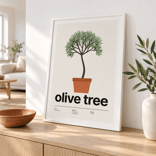 Potted olive tree print leaning on a wooden sideboard