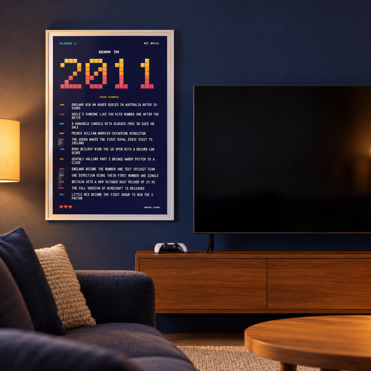 2011 pixel art print in arcade sunset colours above simple furniture at home