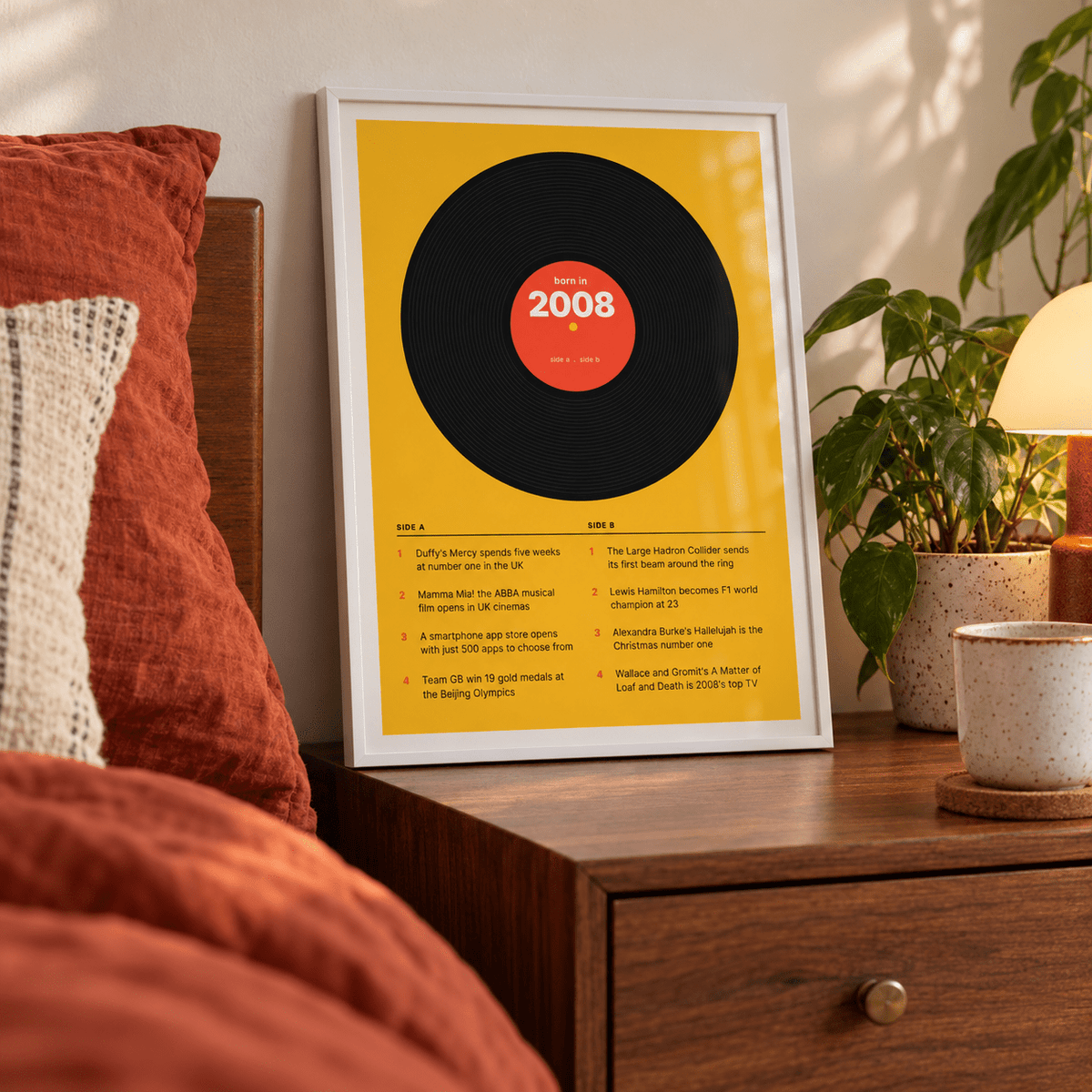 2008 print styled as a vinyl record on mustard above simple furniture at home