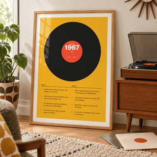 1967 print styled as a vinyl record on mustard above simple furniture at home