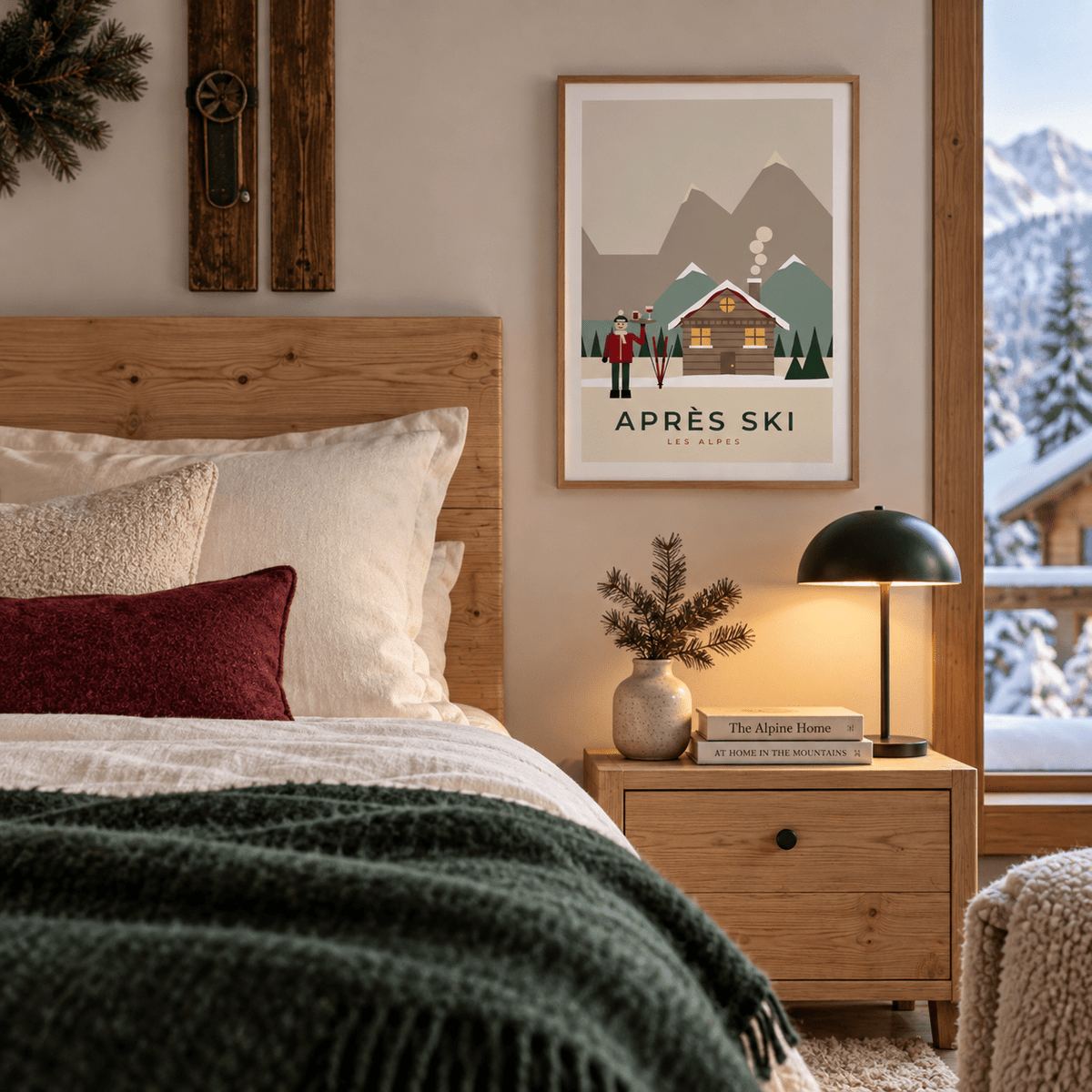 Retro apres ski chalet print in a guest bedroom at Christmas