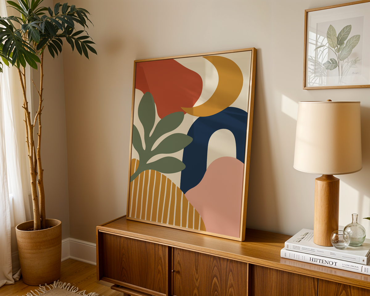 Boho wall art with a mustard moon leaning on a wooden sideboard in a warm living room