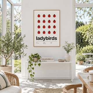 Ladybird poster in a conservatory looking onto the garden
