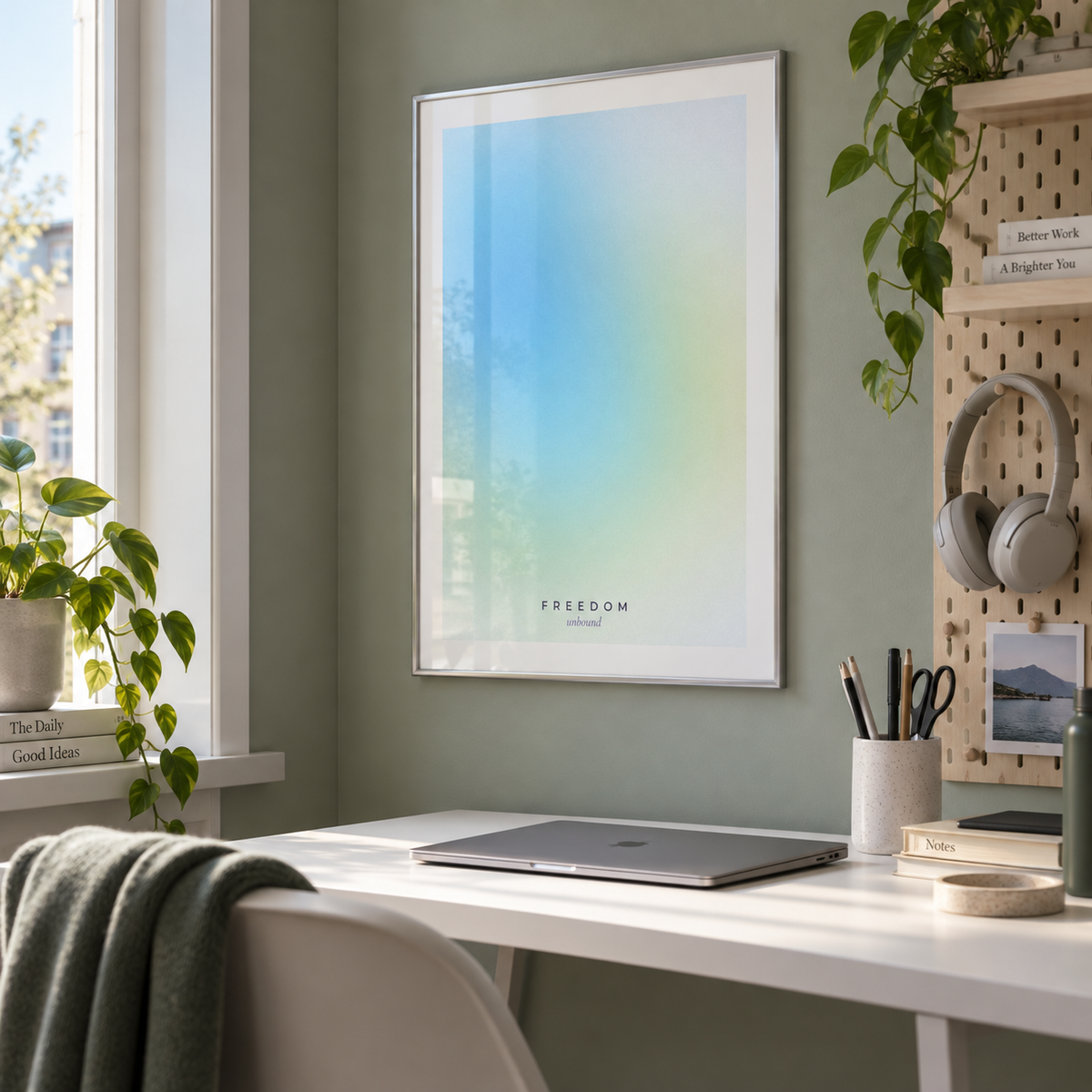 Sky blue and lime gradient print in a study alcove against a sage wall