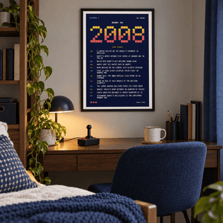 2008 pixel art print in arcade sunset colours above simple furniture at home