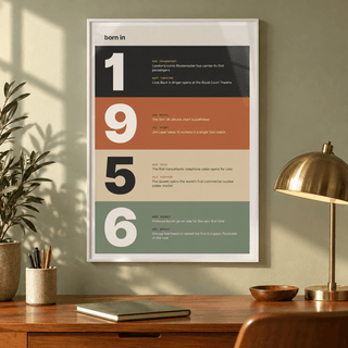 1956 print with digits in earthy colour bands above simple furniture at home