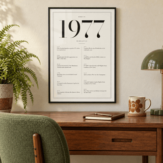 1977 year print in black numerals on white above simple furniture at home