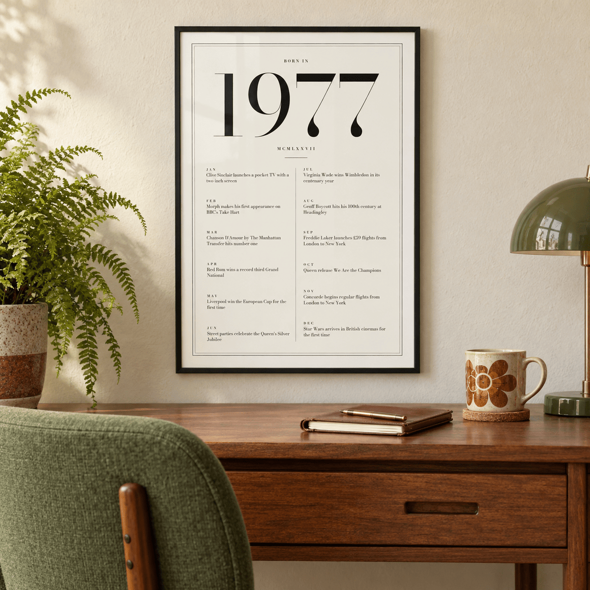 1977 year print in black numerals on white above simple furniture at home
