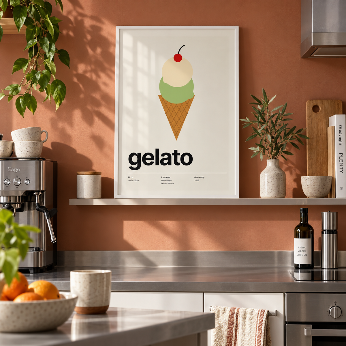 Gelato cone with cherry print on a shelf in a kitchen against a terracotta wall