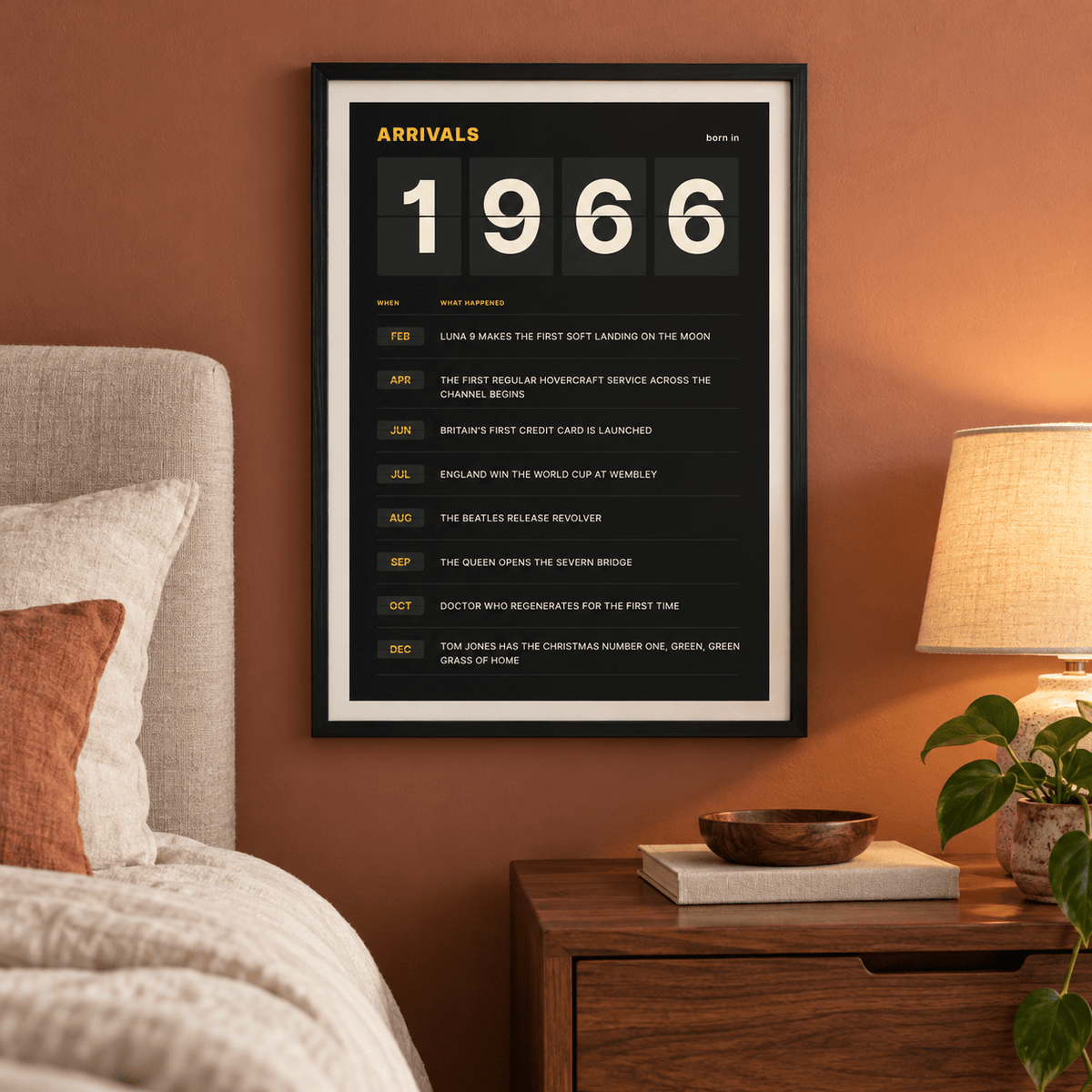 1966 print styled as a split flap arrivals board above simple furniture at home