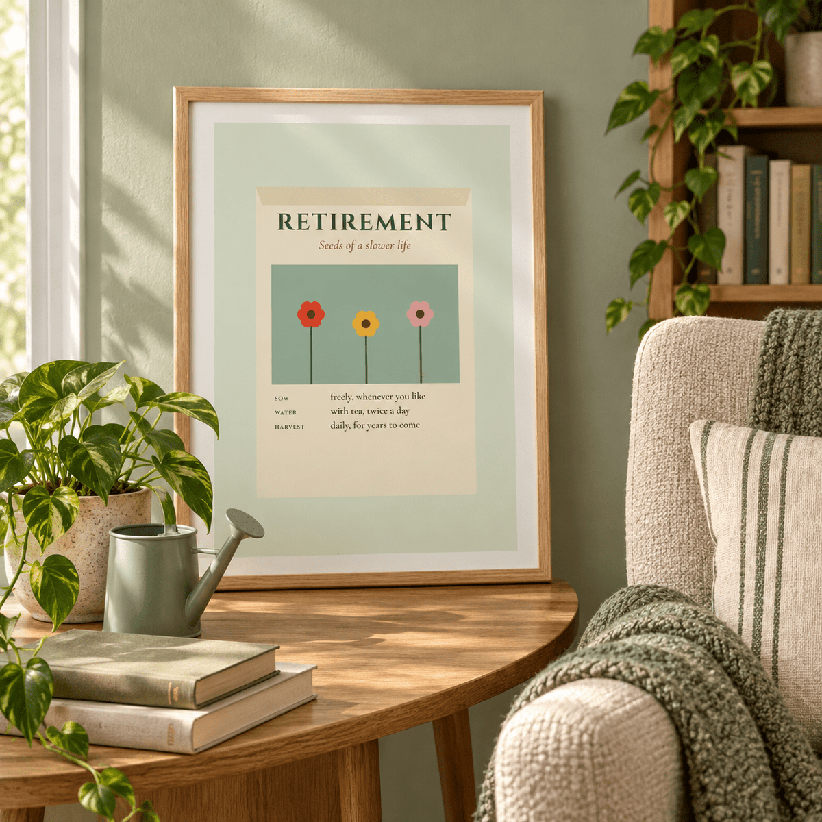 Retirement seed packet print above a chair in a reading corner