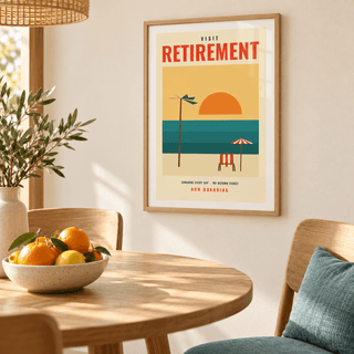 Visit retirement travel print above a dining table in a dining room