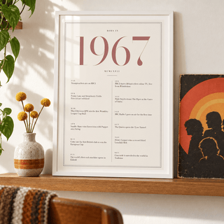 1967 year print with dusty rose numerals on cream above simple furniture at home