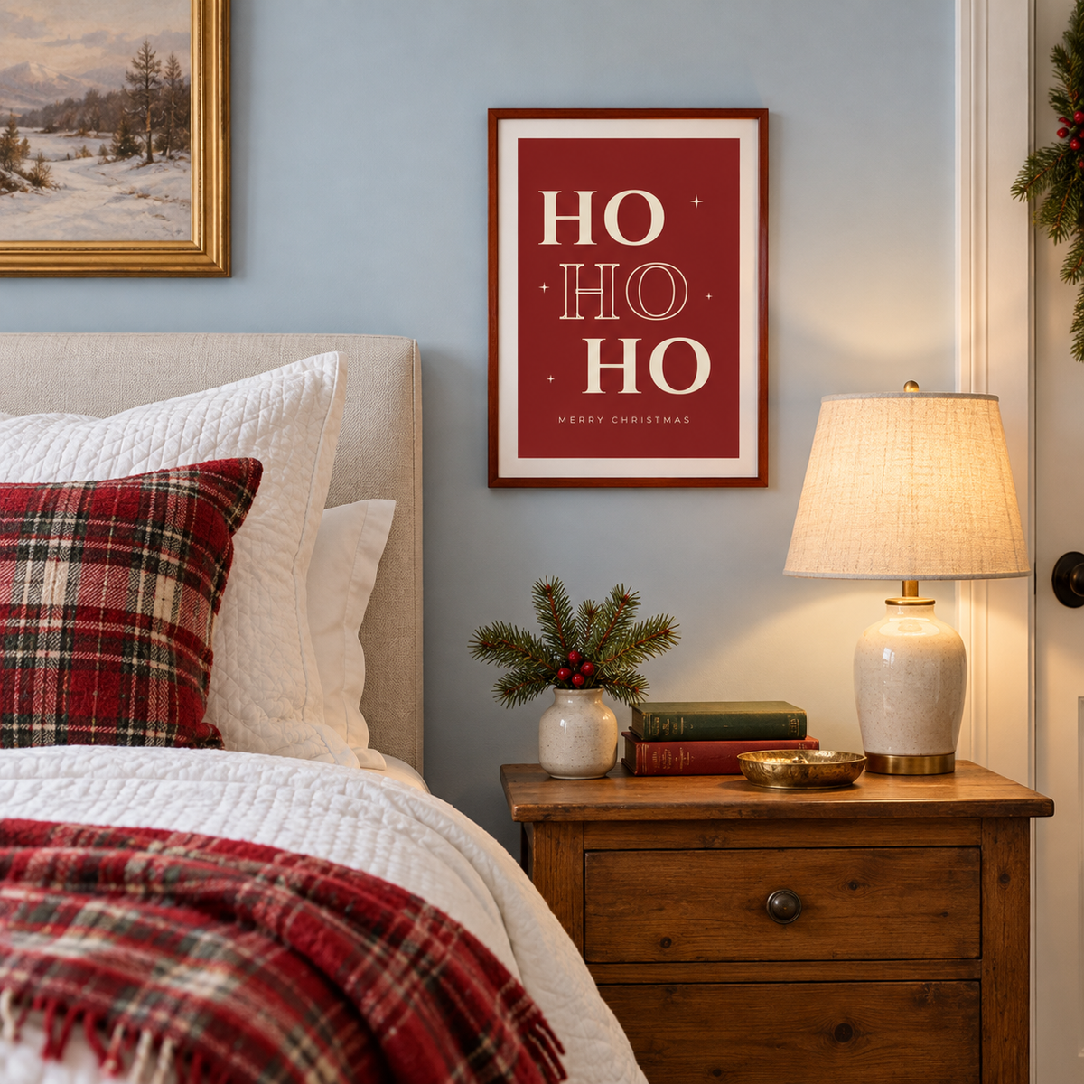 Red ho ho ho typography print in a guest bedroom at Christmas