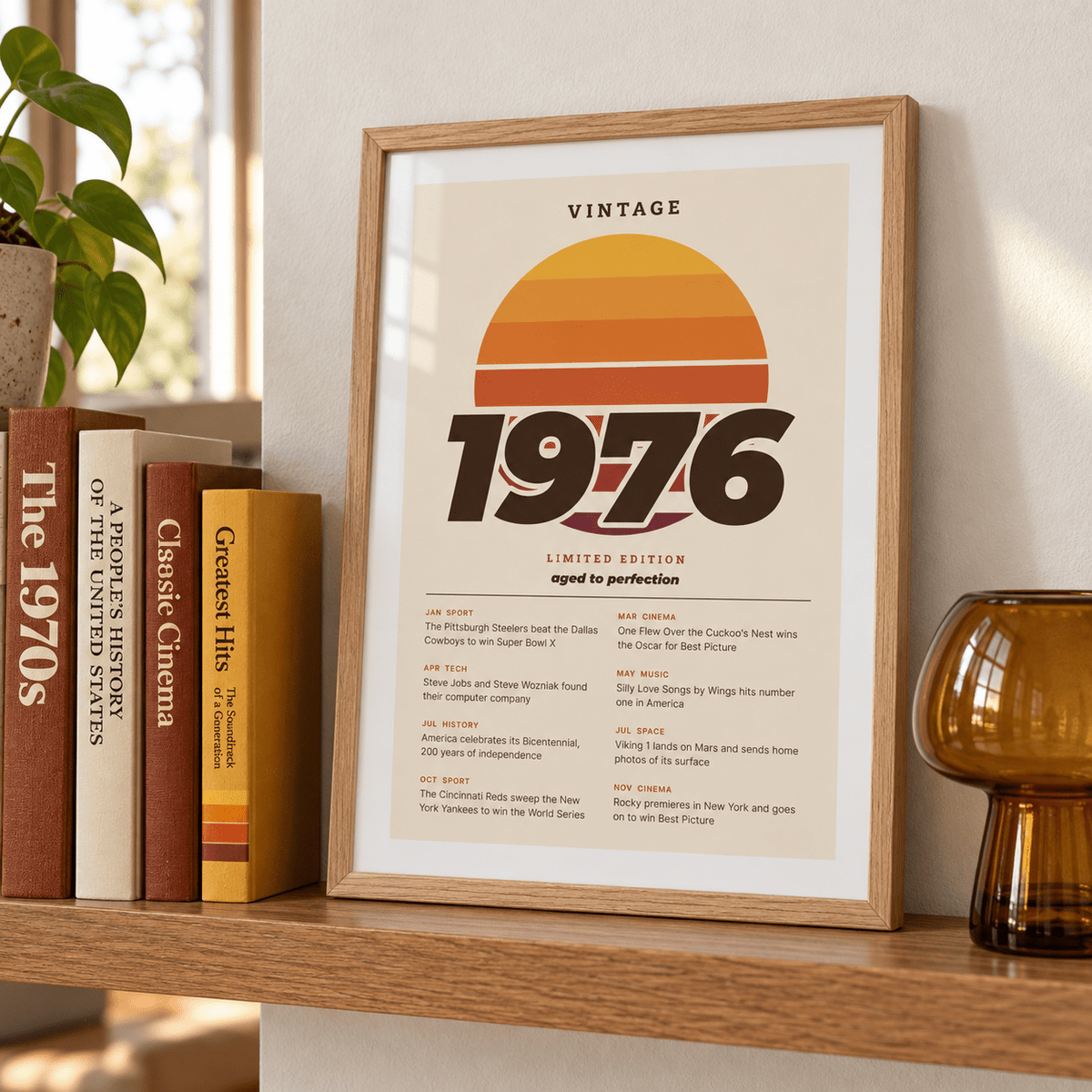 Vintage 1976 print with a retro striped sunset above simple furniture at home