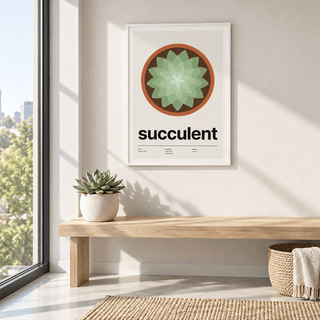 Succulent rosette print in a window nook with soft daylight