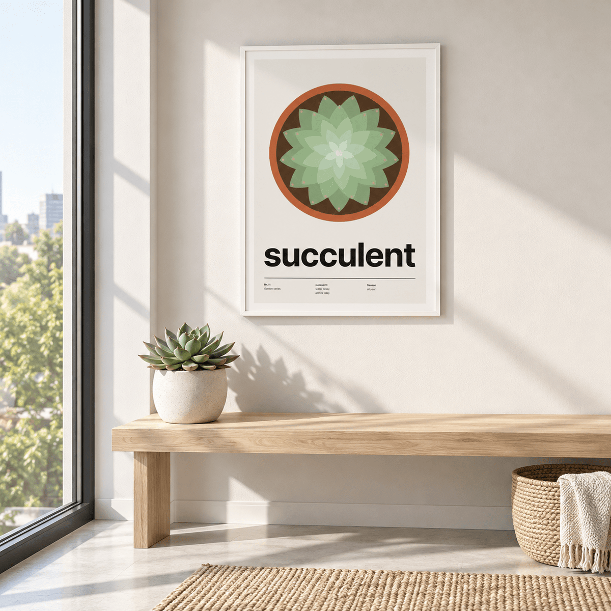 Succulent rosette print in a window nook with soft daylight