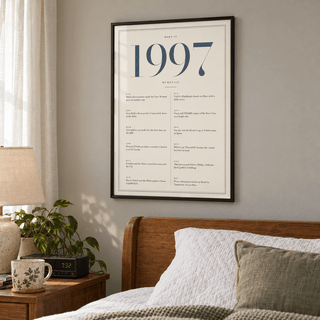 1997 year print with slate blue numerals on cream above simple furniture at home