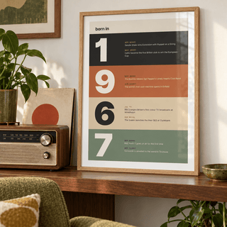 1967 print with digits in earthy colour bands above simple furniture at home