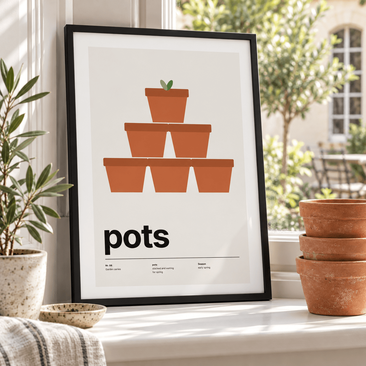 Terracotta plant pot print on a window ledge in soft daylight