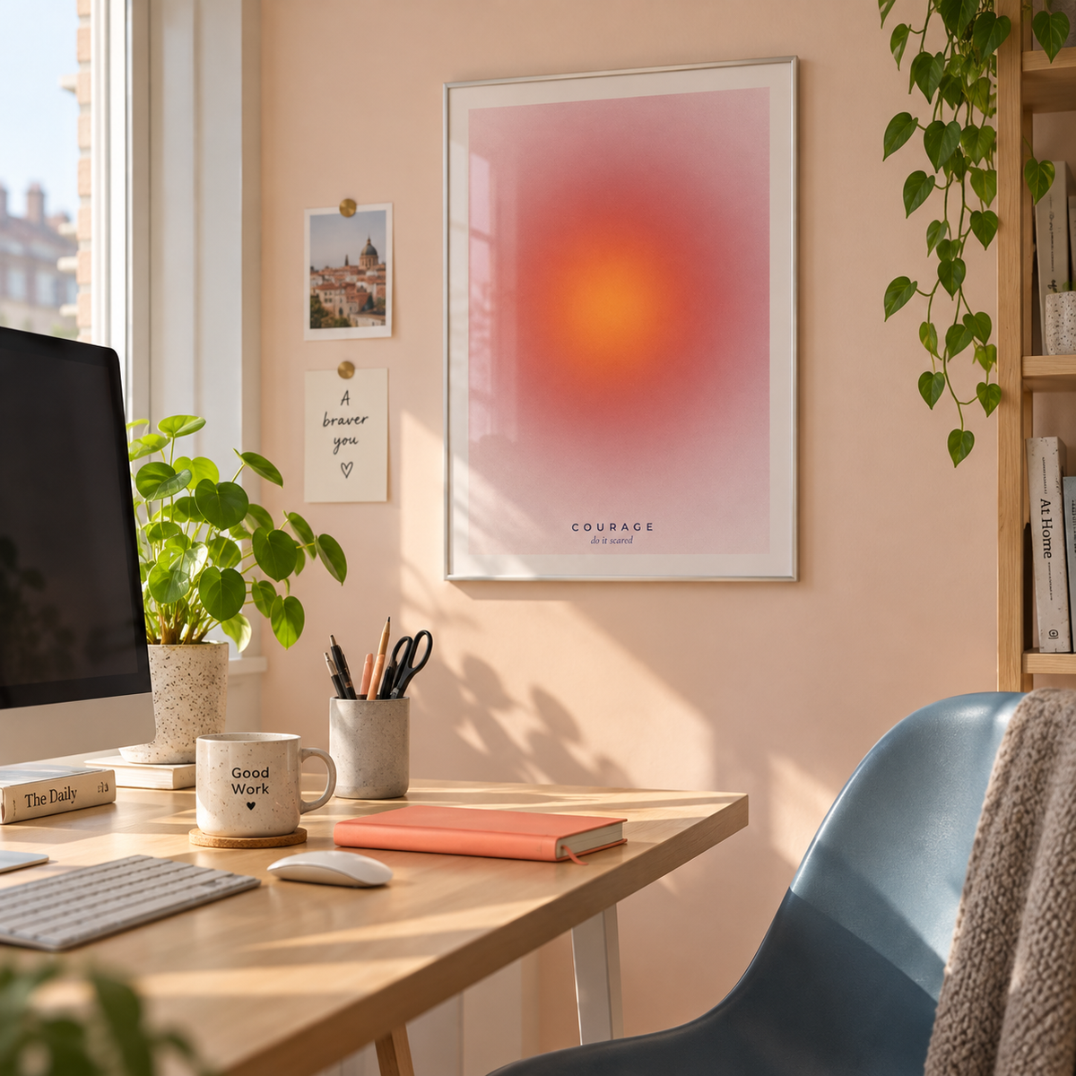 Red and orange aura print in a workspace against a peach wall