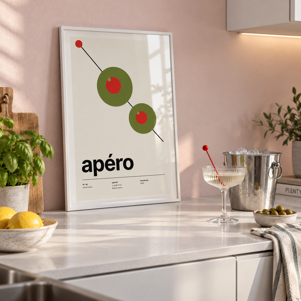 Two olives on a cocktail pick print in a kitchen counter against a pink wall