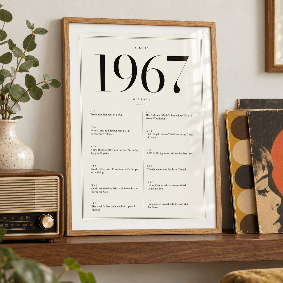 1967 year print in black numerals on white above simple furniture at home