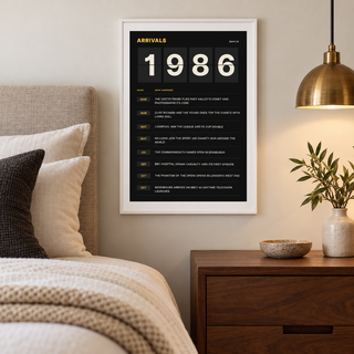 1986 print styled as a split flap arrivals board above simple furniture at home