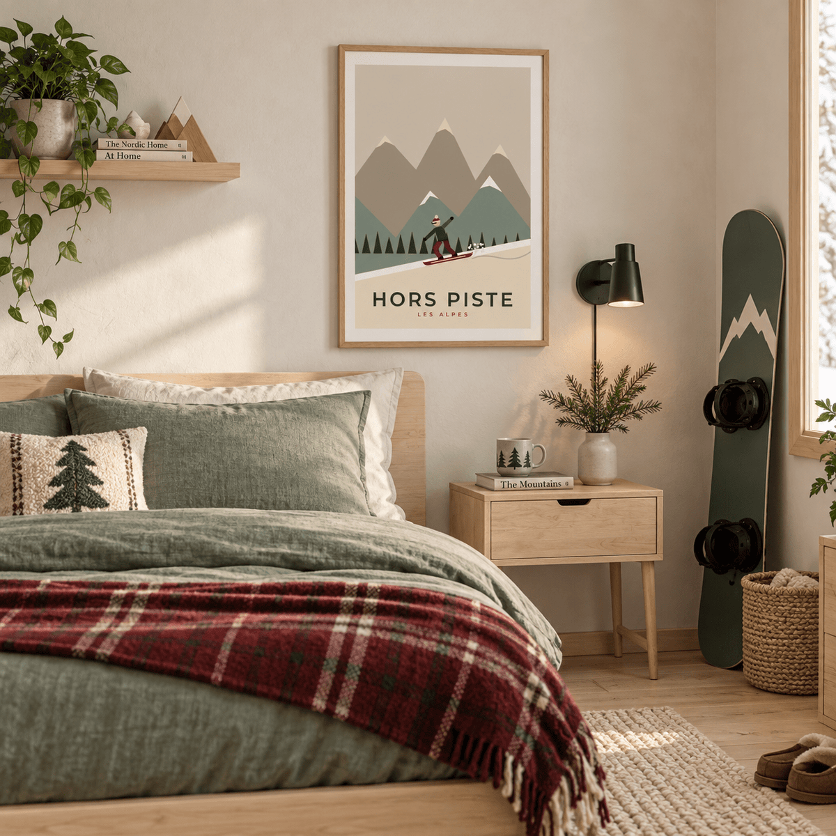 Retro snowboarder print in a guest bedroom at Christmas