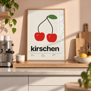 Pair of red cherries print on a shelf in a kitchen against a peach wall