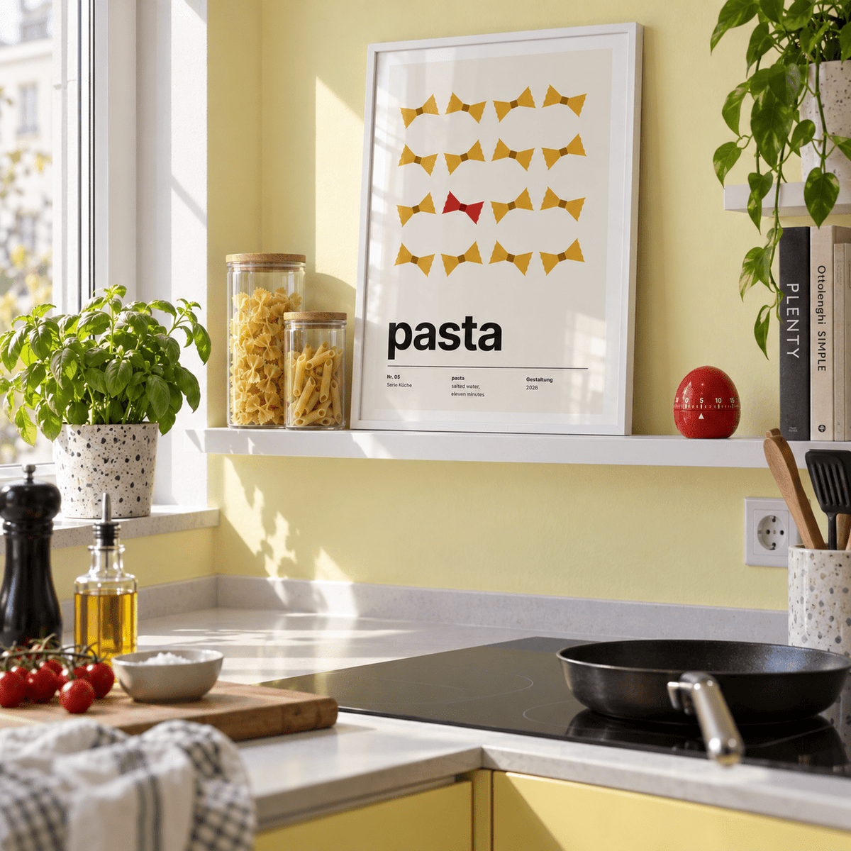 Rows of farfalle pasta print on a shelf in a lemon prep