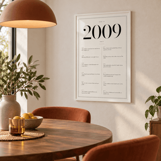 2009 year print in black numerals on white above simple furniture at home