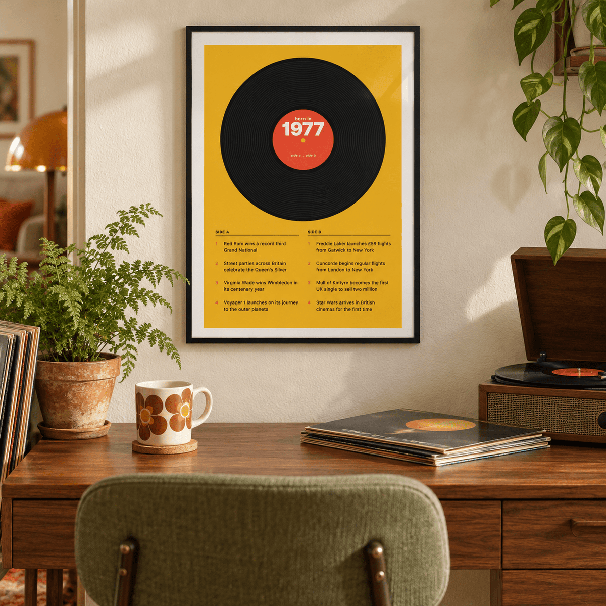 1977 print styled as a vinyl record on mustard above simple furniture at home