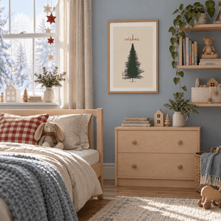 Green spruce Christmas tree print in a child bedroom at Christmas