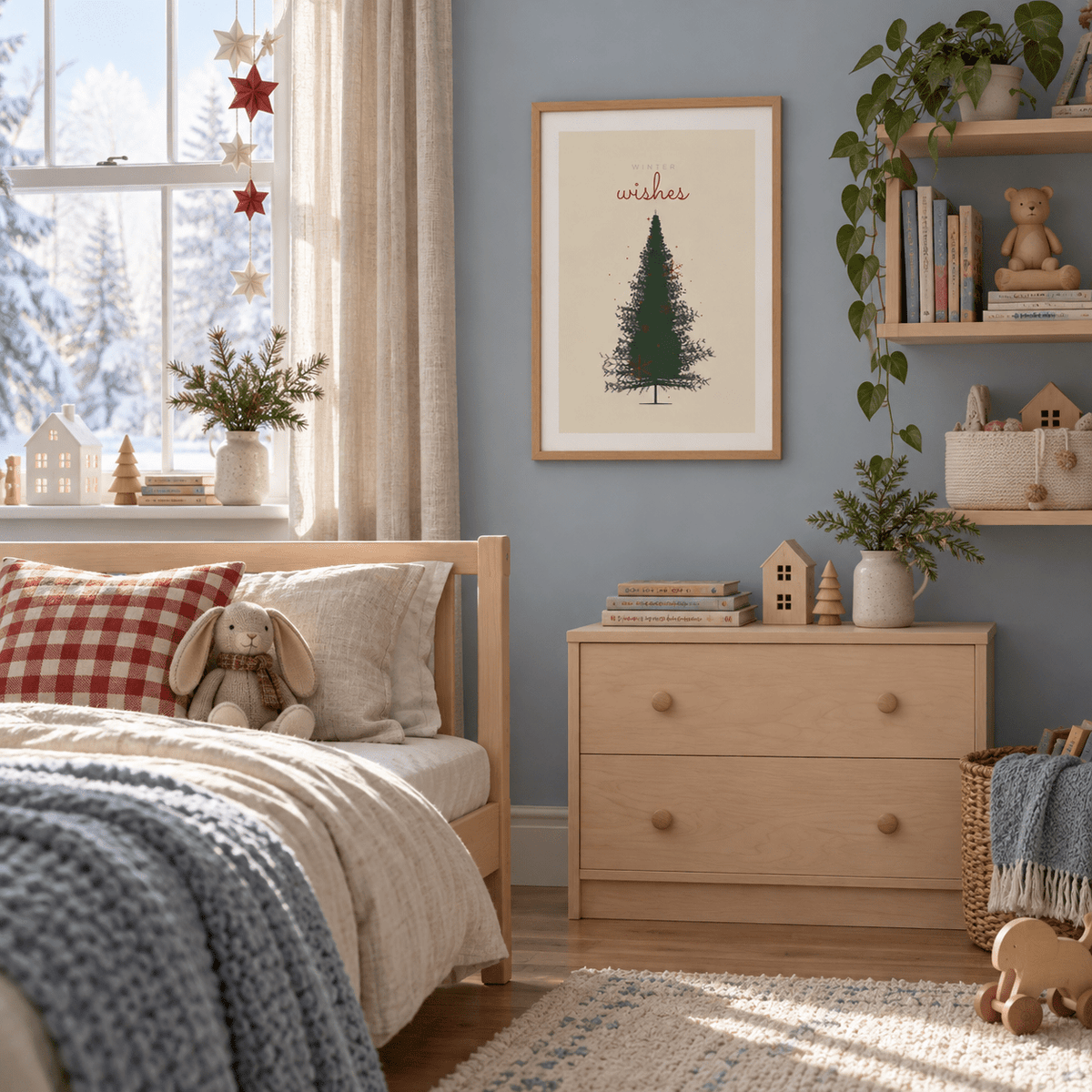 Green spruce Christmas tree print in a child bedroom at Christmas