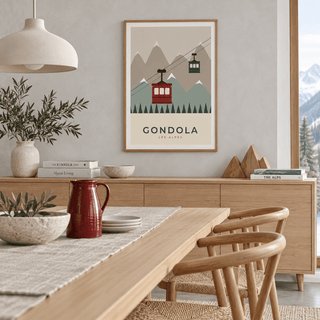 Red alpine gondola print in a dining room at Christmas