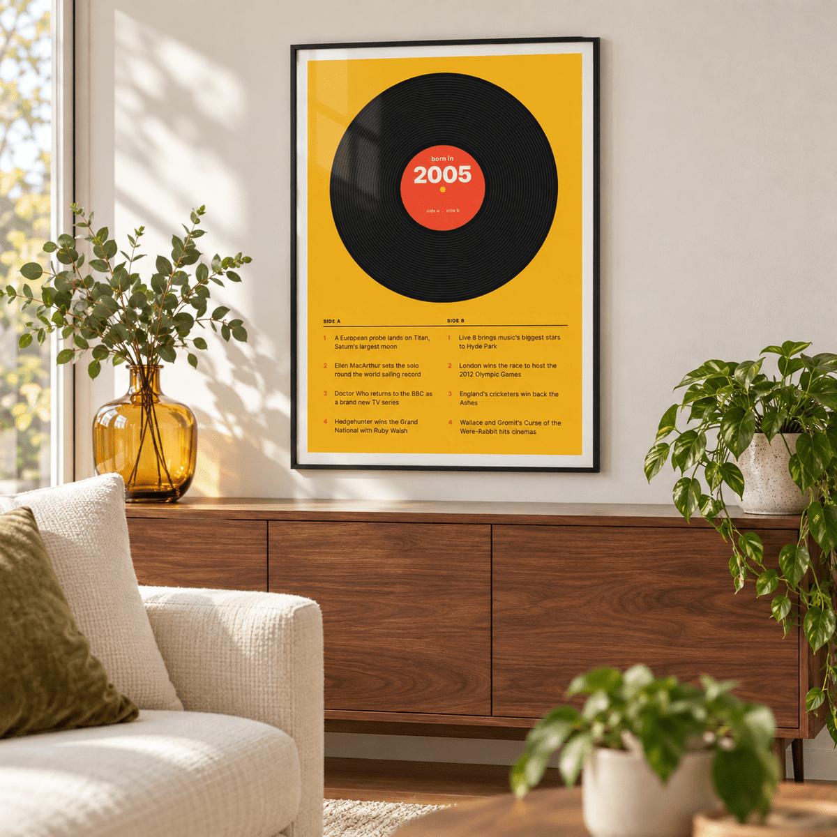 2005 print styled as a vinyl record on mustard above simple furniture at home