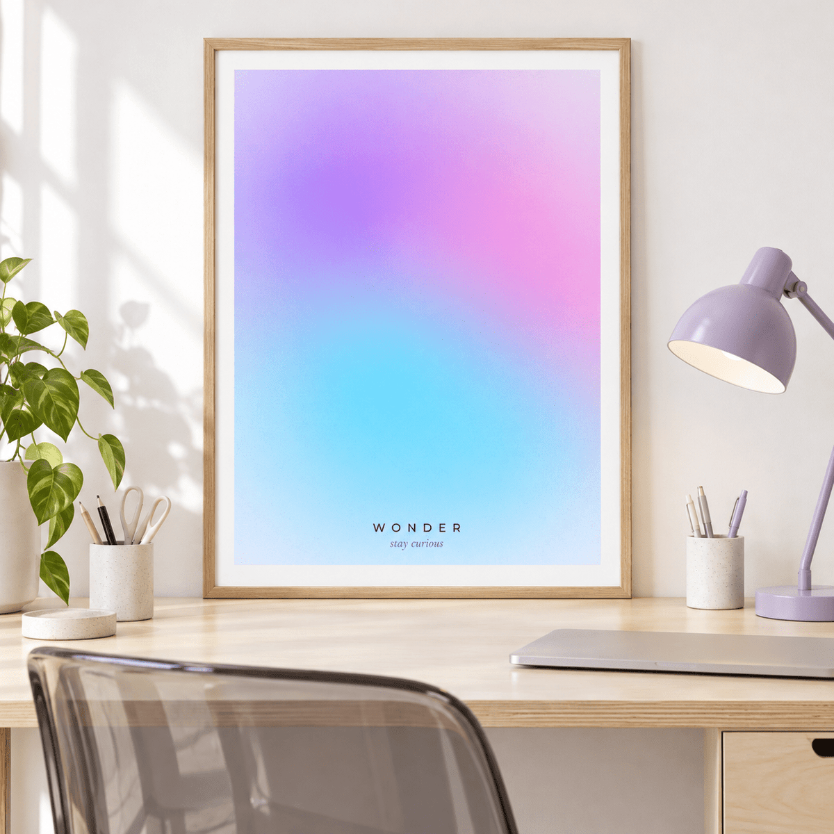 Purple pink and cyan aura print in a creative studio