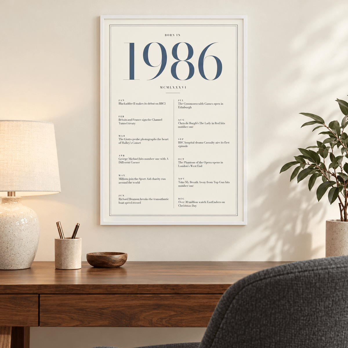 1986 year print with slate blue numerals on cream above simple furniture at home