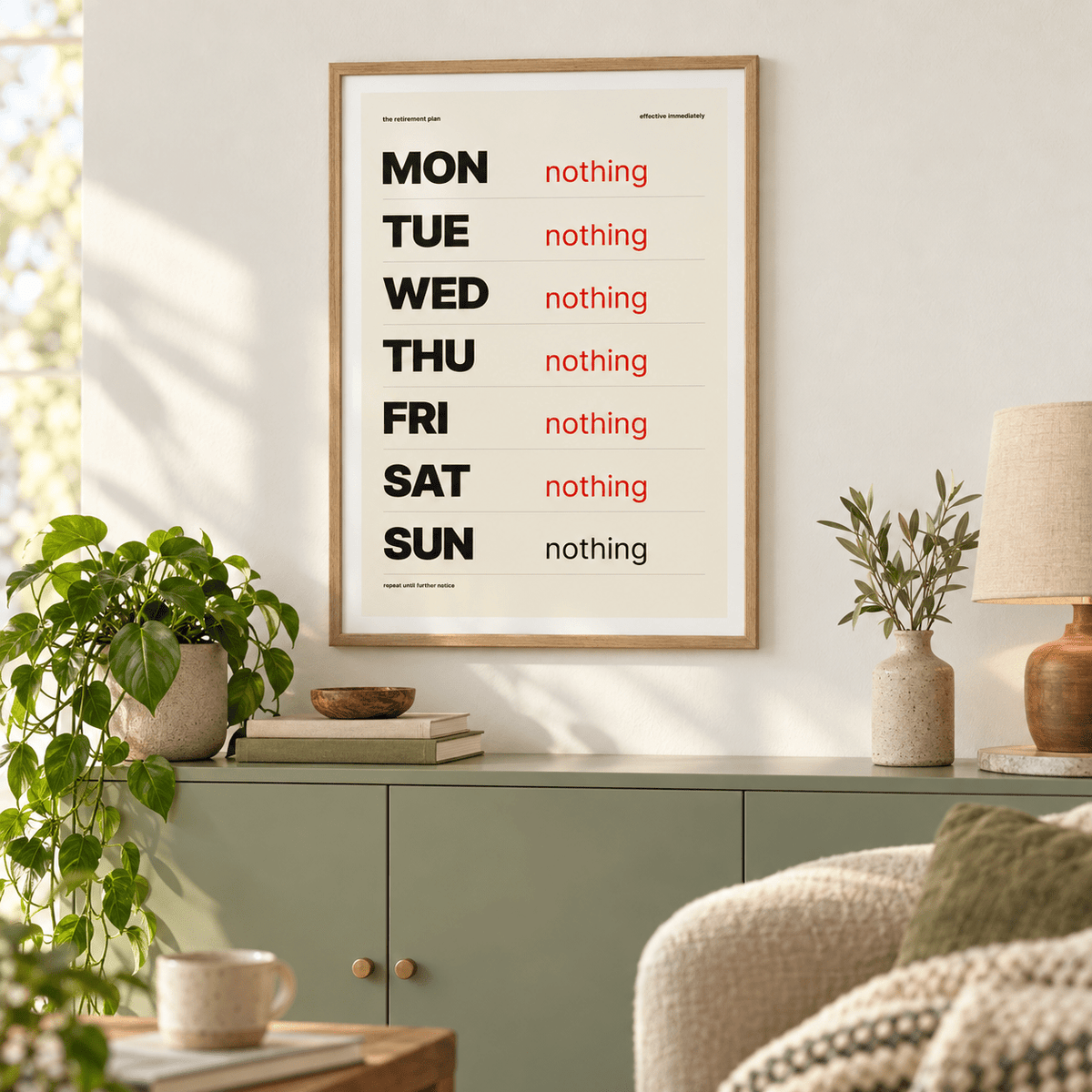 Retirement plan week print in a relaxed lounge with soft daylight