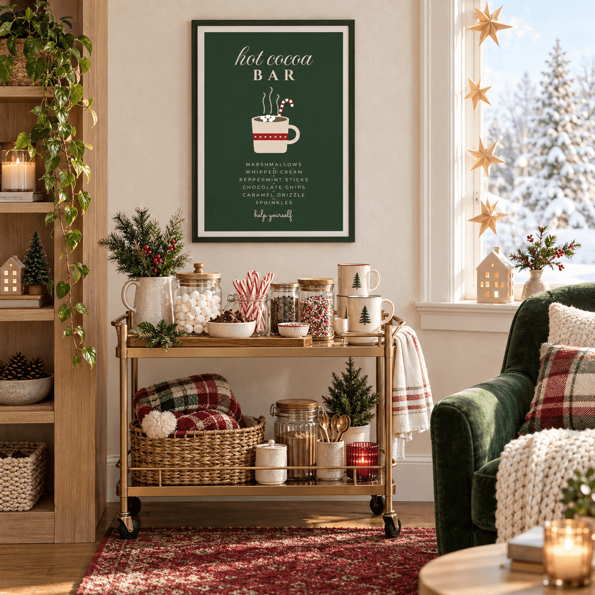 Green hot cocoa bar sign print in a family cocoa cart at Christmas