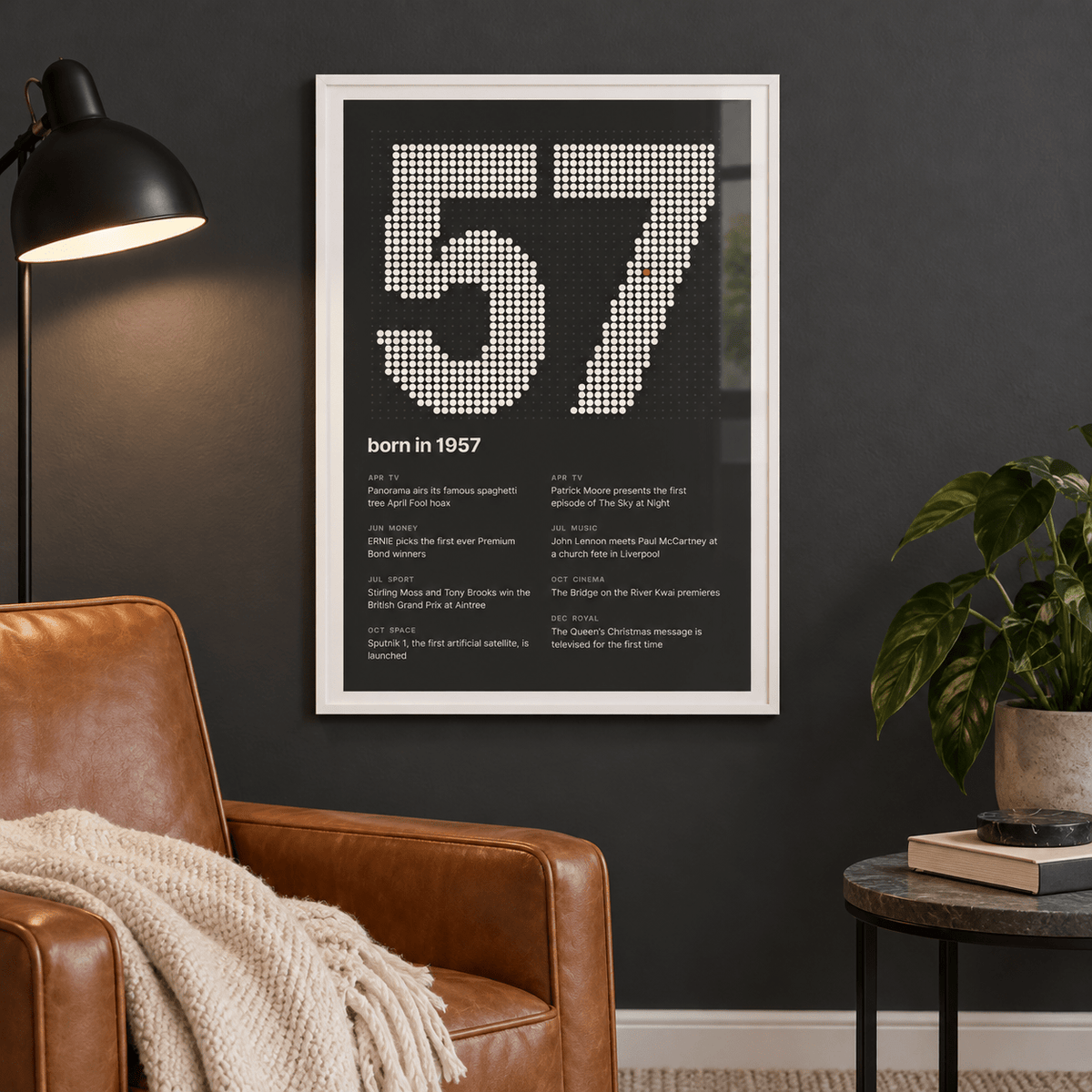 1957 print with the year built from cream dots above simple furniture at home