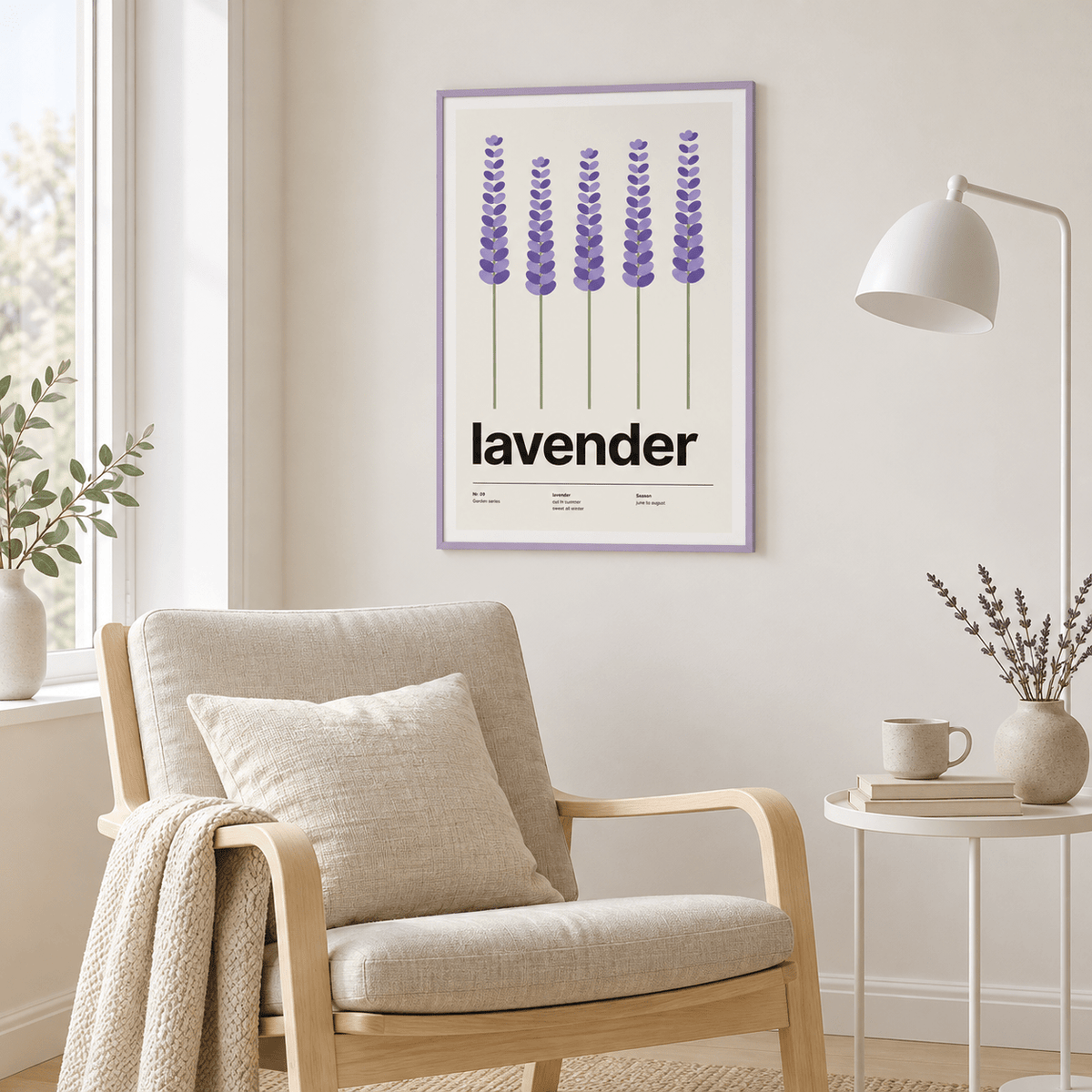 Lavender spikes wall art above a reading chair in a quiet room